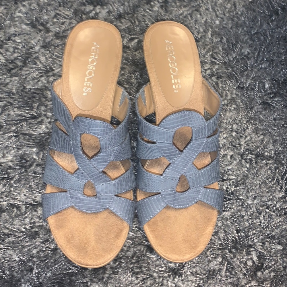 Brown and blue heels